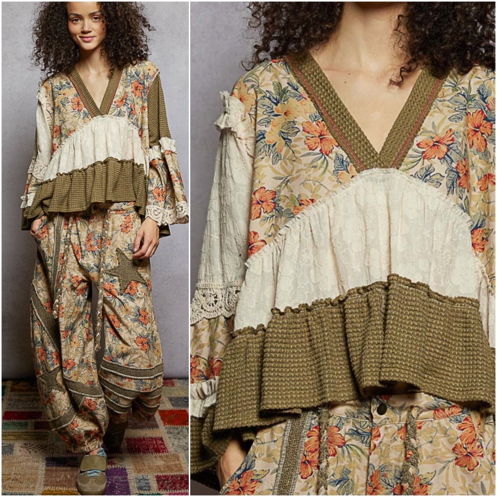 POL Floral Patchwork Long Sleeve Top - Cream and Olive